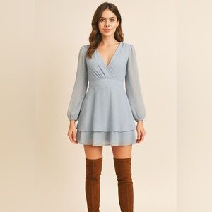 Double Crazy Light Blue Swiss Dot Chiffon Mini Dress Women’s Size L